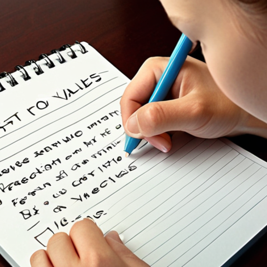 **

A person thoughtfully writing a list of values (honesty, family, education, freedom, creativity) on a notepad, with a serene and focused expression. Focus on the concept of self-reflection and identifying personal values.

**