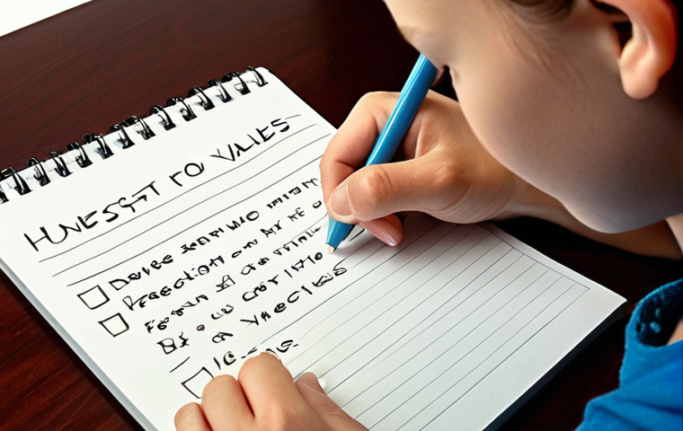 **
A person thoughtfully writing a list of values (honesty, family, education, freedom, creativity) on a notepad, with a serene and focused expression. Focus on the concept of self-reflection and identifying personal values.
**