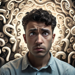 **A person thoughtfully looking inwards, surrounded by swirling thoughts and question marks.** (Focus: Self-reflection, introspection)