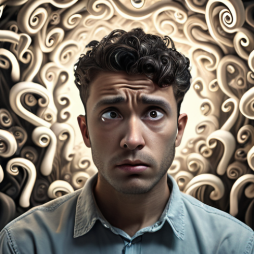 Home 26 **A person thoughtfully looking inwards, surrounded by swirling thoughts and question marks.** (Focus: Self-reflection, introspection)