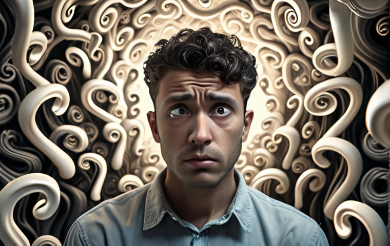 **A person thoughtfully looking inwards, surrounded by swirling thoughts and question marks.** (Focus: Self-reflection, introspection)