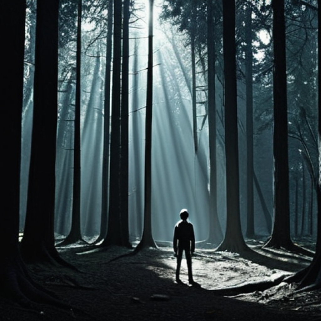 **A person facing their fears:** An individual standing at the edge of a dark forest, symbolizing overcoming fear. The forest is shadowy but with a glimmer of light breaking through the trees. The person appears determined and courageous.