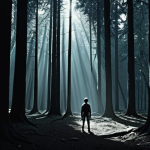 **A person facing their fears:** An individual standing at the edge of a dark forest, symbolizing overcoming fear. The forest is shadowy but with a glimmer of light breaking through the trees. The person appears determined and courageous.