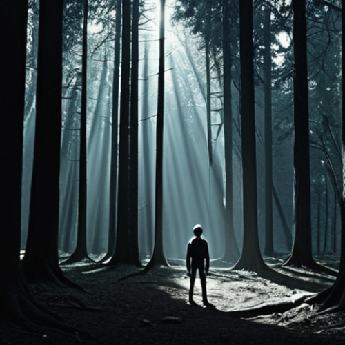 Home 25 **A person facing their fears:** An individual standing at the edge of a dark forest, symbolizing overcoming fear. The forest is shadowy but with a glimmer of light breaking through the trees. The person appears determined and courageous.