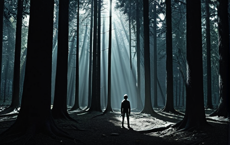 **A person facing their fears:** An individual standing at the edge of a dark forest, symbolizing overcoming fear. The forest is shadowy but with a glimmer of light breaking through the trees. The person appears determined and courageous.