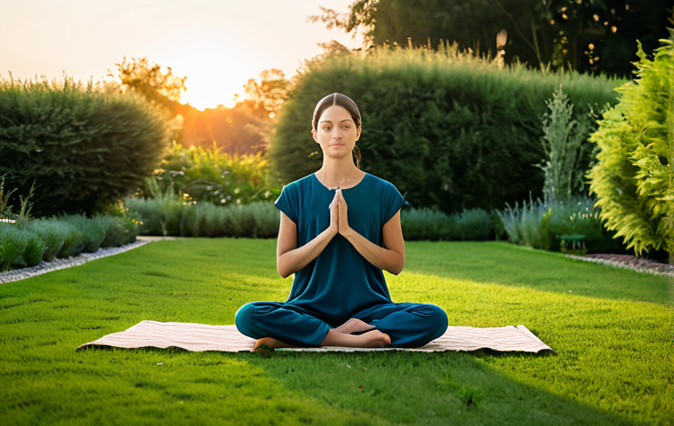 A calm and focused person, fully clothed in modest, comfortable attire, seated in a natural pose in a serene, peaceful garden at sunrise. Soft, warm light illuminates the scene, conveying a sense of inner peace and tranquility. Perfect anatomy, correct proportions, well-formed hands, proper finger count, natural body proportions, professional photography, high quality, safe for work, appropriate content, family-friendly.