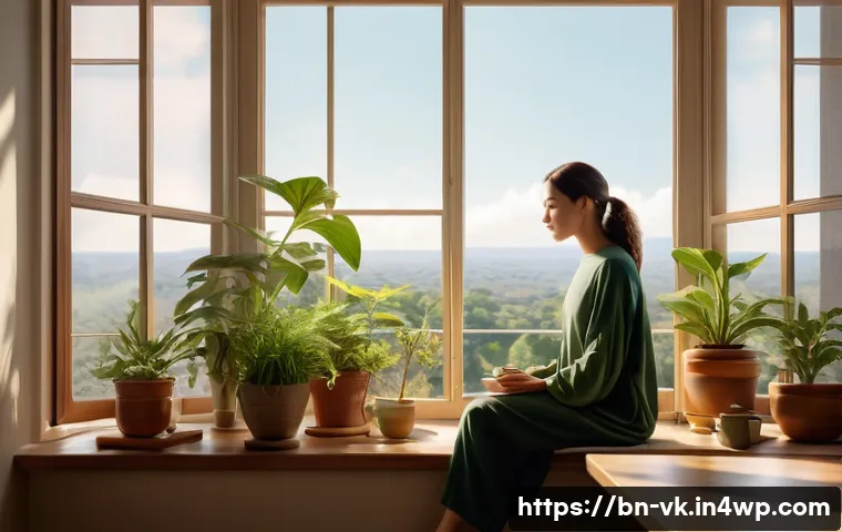 심층 내면 탐색과 감정 치유의 관계 - **Prompt:** A serene and peaceful early morning scene inside a sunlit home. A young adult, comfortab...