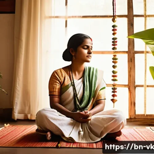 자기 사랑을 위한 내면 탐색 방법 - A serene Bengali woman sitting cross-legged on a traditional woven mat in a softly lit room, journal...