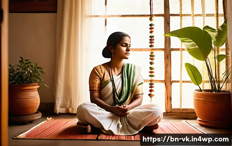 자기 사랑을 위한 내면 탐색 방법 - A serene Bengali woman sitting cross-legged on a traditional woven mat in a softly lit room, journal...