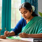 Home 21 감정 표현을 위한 아트 테라피 활용법 - A serene indoor art therapy scene featuring a Bengali adult woman wearing modest casual clothing, se...