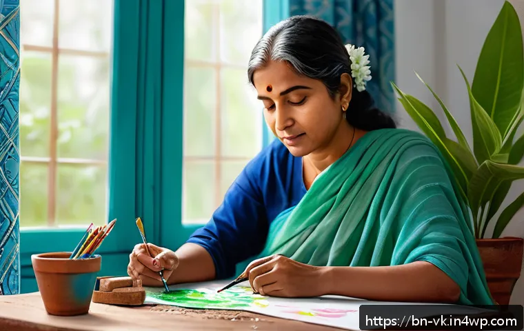 감정 표현을 위한 아트 테라피 활용법 - A serene indoor art therapy scene featuring a Bengali adult woman wearing modest casual clothing, se...